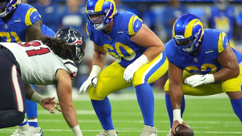 Aug 19, 2022; Inglewood, California, USA; Los Angeles Rams guard Logan Bruss (60) in the first half against the Houston Texans at SoFi Stadium. Mandatory Credit: Kirby Lee-USA TODAY Sports