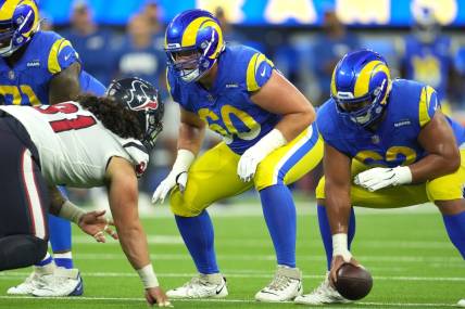 Aug 19, 2022; Inglewood, California, USA; Los Angeles Rams guard Logan Bruss (60) in the first half against the Houston Texans at SoFi Stadium. Mandatory Credit: Kirby Lee-USA TODAY Sports