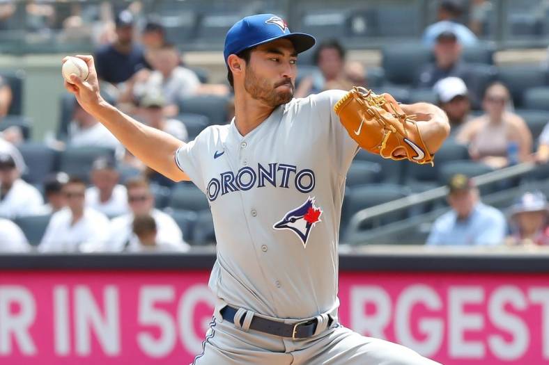 Aug 20, 2022; Bronx, New York, USA; Toronto Blue Jays starting pitcher Mitch White (45) pitches the ball against the New York Yankees during the first inning at Yankee Stadium. Mandatory Credit: Tom Horak-USA TODAY Sports