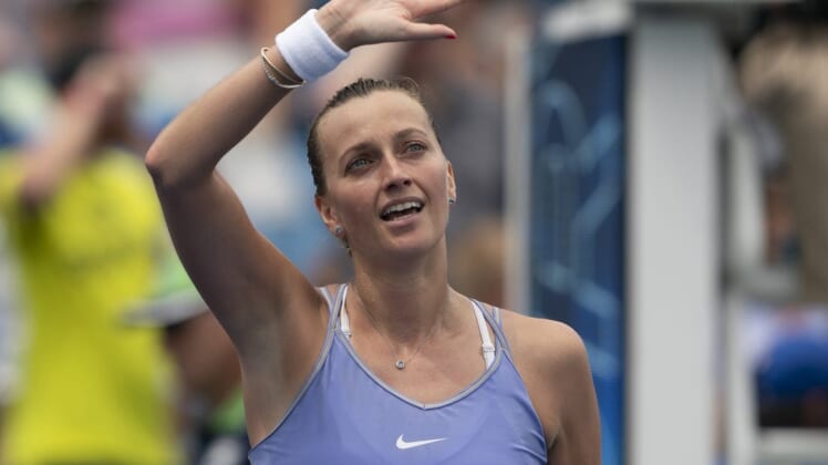 Aug 20, 2022; Cincinnati, OH, USA; Petra Kvitova (CZE) celebrates winning her match against Madison Keys (USA) at the Western & Southern Open at the Lindner Family Tennis Center. Mandatory Credit: Susan Mullane-USA TODAY Sports