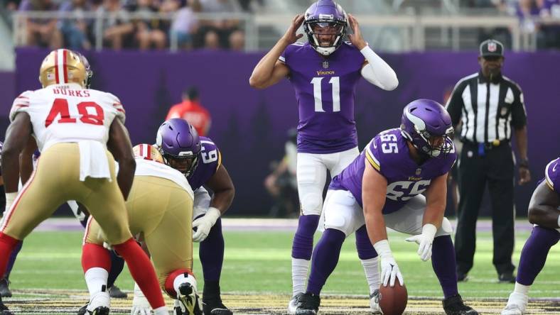 Aug 20, 2022; Minneapolis, Minnesota, USA; Minnesota Vikings quarterback Kellen Mond (11) calls a play during the first quarter against the San Francisco 49ers at U.S. Bank Stadium. Mandatory Credit: Matt Krohn-USA TODAY Sports