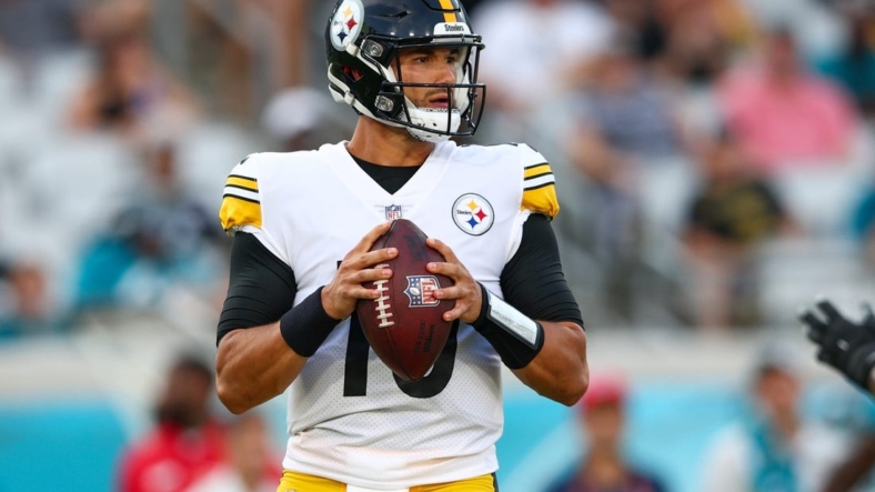 Aug 20, 2022; Jacksonville, Florida, USA;  Pittsburgh Steelers quarterback Mitch Trubisky (10) looks to pass the ball against the Jacksonville Jaguars in the first quarter at TIAA Bank Field. Mandatory Credit: Nathan Ray Seebeck-USA TODAY Sports