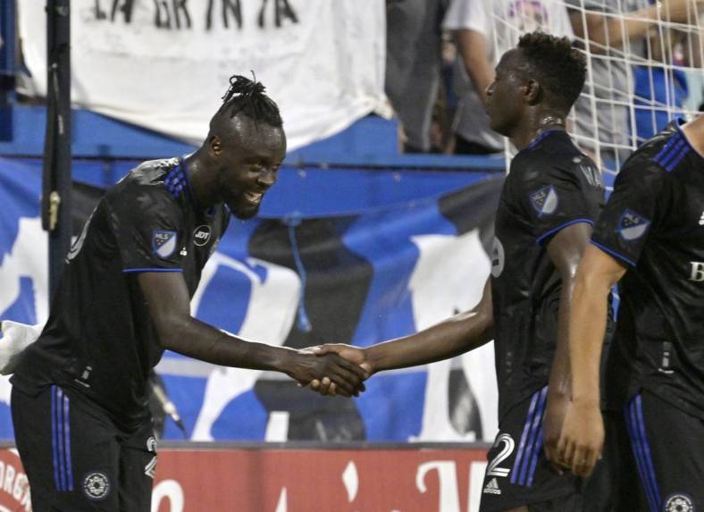Aug 20, 2022; Montreal, Quebec, CAN; CF Montreal forward Kei Kamara (23) celebrates after scoring a goal against the New England Revolution during the first half at Stade Saputo. Mandatory Credit: Eric Bolte-USA TODAY Sports
