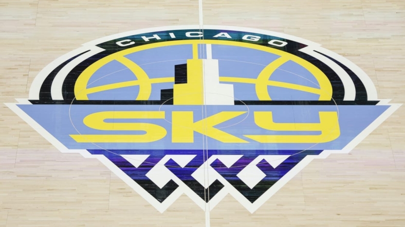 Aug 20, 2022; Chicago, Illinois, USA; Chicago Sky logo is seen on the court before Game 2 of the first round of the WNBA playoffs between the Chicago Sky and New York Liberty at Wintrust Arena. Mandatory Credit: Kamil Krzaczynski-USA TODAY Sports