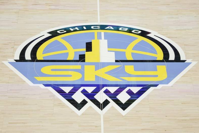 Aug 20, 2022; Chicago, Illinois, USA; Chicago Sky logo is seen on the court before Game 2 of the first round of the WNBA playoffs between the Chicago Sky and New York Liberty at Wintrust Arena. Mandatory Credit: Kamil Krzaczynski-USA TODAY Sports