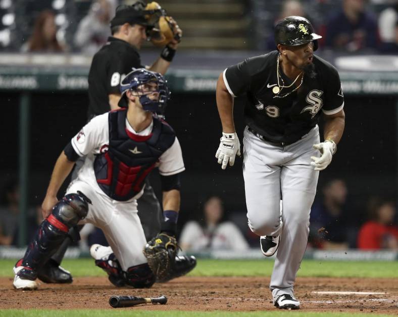 Aug 20, 2022; Cleveland, Ohio, USA; Chicago White Sox first baseman Jose Abreu (79) hits a RBI double against the Cleveland Guardians in the sixth inning at Progressive Field. Mandatory Credit: Aaron Josefczyk-USA TODAY Sports