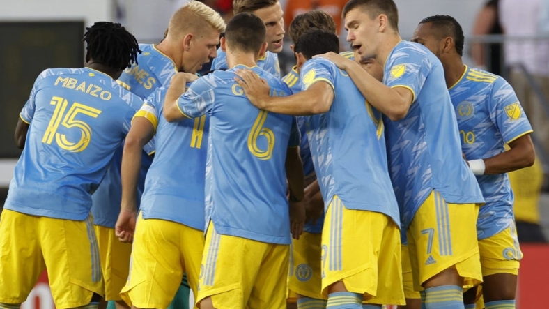 Aug 20, 2022; Washington, District of Columbia, USA; Philadelphia Union players huddle prior to their match against D.C. United at Audi Field. Mandatory Credit: Geoff Burke-USA TODAY Sports