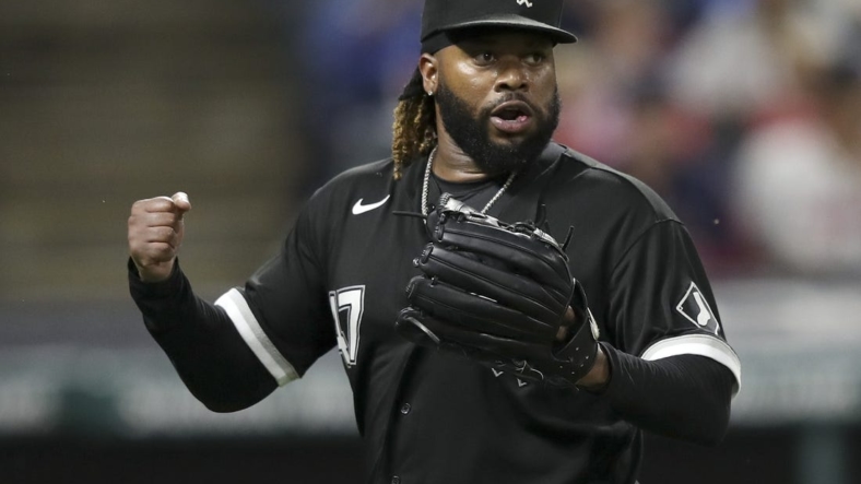 Aug 20, 2022; Cleveland, Ohio, USA; Chicago White Sox  pitcher Johnny Cueto pumps his fist after completing the eigth inning against the Cleveland Guardians at Progressive Field. Mandatory Credit: Aaron Josefczyk-USA TODAY Sports