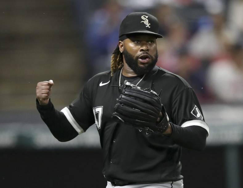 Aug 20, 2022; Cleveland, Ohio, USA; Chicago White Sox  pitcher Johnny Cueto pumps his fist after completing the eigth inning against the Cleveland Guardians at Progressive Field. Mandatory Credit: Aaron Josefczyk-USA TODAY Sports