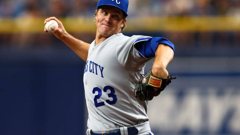 Aug 21, 2022; St. Petersburg, Florida, USA;  Kansas City Royals starting pitcher Zack Greinke (23) throws a pitch against the Tampa Bay Rays in the second inning at Tropicana Field. Mandatory Credit: Nathan Ray Seebeck-USA TODAY Sports