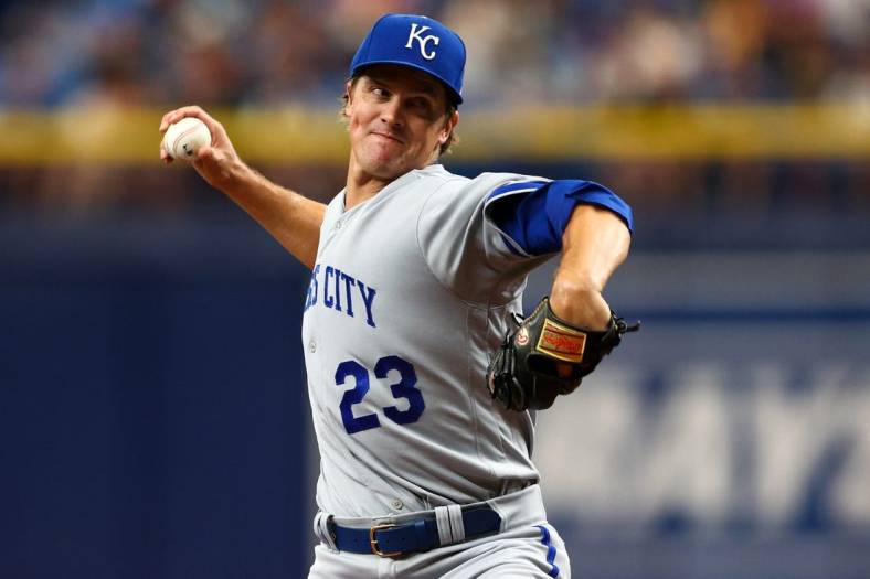 Aug 21, 2022; St. Petersburg, Florida, USA;  Kansas City Royals starting pitcher Zack Greinke (23) throws a pitch against the Tampa Bay Rays in the second inning at Tropicana Field. Mandatory Credit: Nathan Ray Seebeck-USA TODAY Sports