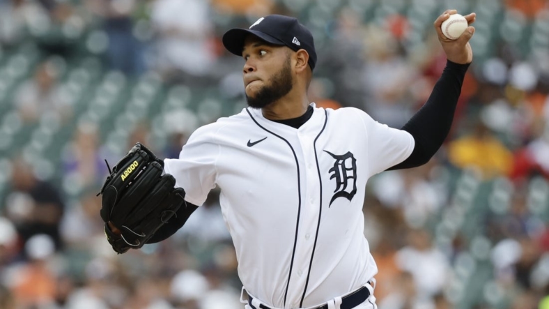 Aug 21, 2022; Detroit, Michigan, USA; Detroit Tigers pitcher Eduardo Rodriguez (57) pitches in the first inning against the Los Angeles Angels at Comerica Park. Mandatory Credit: Rick Osentoski-USA TODAY Sports
