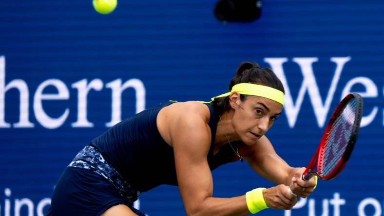 Caroline Garcia returns to Petra Kvitova in the first set of the Western & Southern Open women   s final match at the Lindner Family Tennis Center in Mason, Ohio, on Sunday, Aug. 21, 2022.

Western Southern Open Day Four Night 125