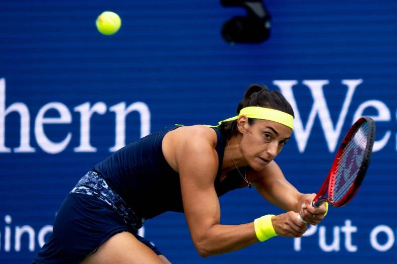 Caroline Garcia returns to Petra Kvitova in the first set of the Western & Southern Open women   s final match at the Lindner Family Tennis Center in Mason, Ohio, on Sunday, Aug. 21, 2022.

Western Southern Open Day Four Night 125