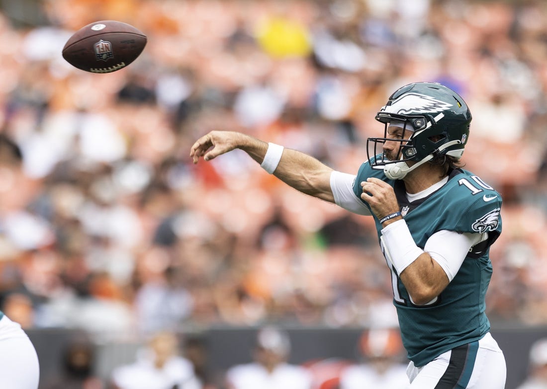 Aug 21, 2022; Cleveland, Ohio, USA; Philadelphia Eagles quarterback Gardner Minshew (10) throws the ball against the Cleveland Browns during the second quarter at FirstEnergy Stadium. Mandatory Credit: Scott Galvin-USA TODAY Sports