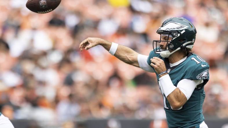 Aug 21, 2022; Cleveland, Ohio, USA; Philadelphia Eagles quarterback Gardner Minshew (10) throws the ball against the Cleveland Browns during the second quarter at FirstEnergy Stadium. Mandatory Credit: Scott Galvin-USA TODAY Sports