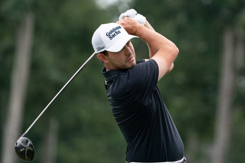 Aug 21, 2022; Wilmington, Delaware, USA; Patrick Cantlay plays his shot from the third tee during the final round of the BMW Championship golf tournament. Mandatory Credit: Bill Streicher-USA TODAY Sports