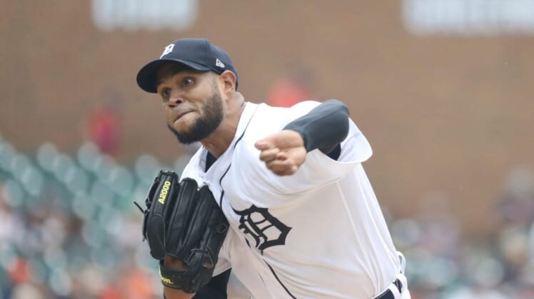 Detroit Tigers starter Eduardo Rodriguez (57) pitches against the Los Angeles Angels during second inning action at Comerica Park Sunday, August 21, 2022.Tigers Ang3