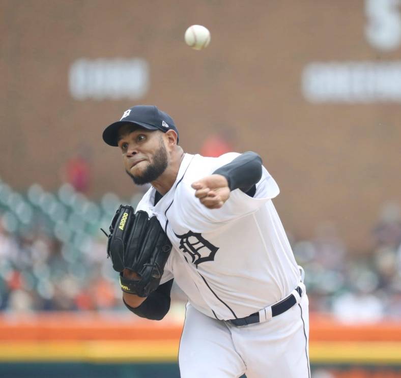 Detroit Tigers starter Eduardo Rodriguez (57) pitches against the Los Angeles Angels during second inning action at Comerica Park Sunday, August 21, 2022.

Tigers Ang3