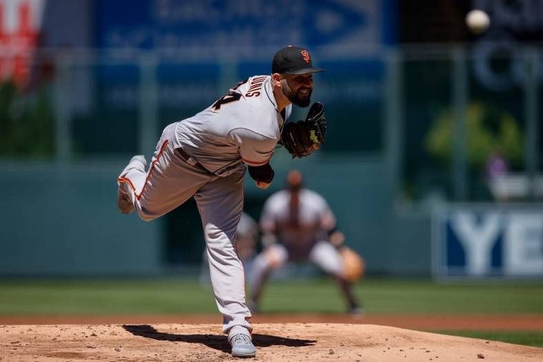 Aug 21, 2022; Denver, Colorado, USA; San Francisco Giants starting pitcher Jakob Junis (34) pitches in the first inning against the Colorado Rockies at Coors Field. Mandatory Credit: Isaiah J. Downing-USA TODAY Sports
