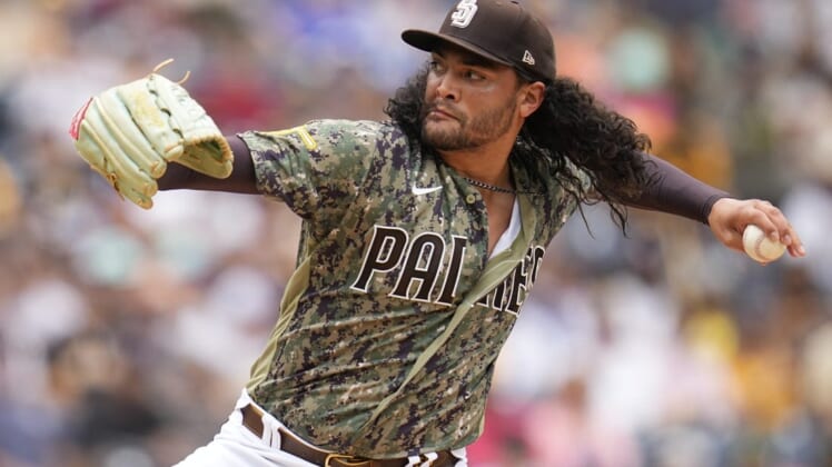 Aug 21, 2022; San Diego, California, USA;  San Diego Padres starting pitcher Sean Manaea (55) pitches during the first inning against the Washington Nationals at Petco Park. Mandatory Credit: Ray Acevedo-USA TODAY Sports