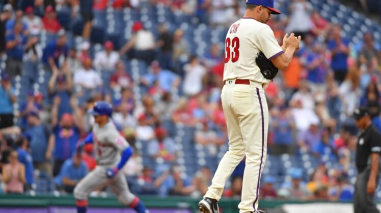 Aug 21, 2022; Philadelphia, Pennsylvania, USA; Philadelphia Phillies relief pitcher Tyler Cyr (63) reacts after allowing home run to New York Mets center fielder Brandon Nimmo (9) during the ninth inning at Citizens Bank Park. Mandatory Credit: Eric Hartline-USA TODAY Sports