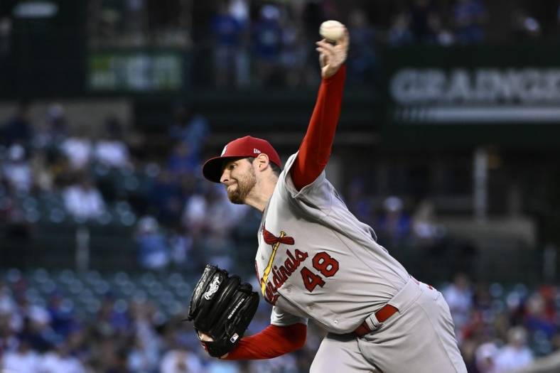 Aug 22, 2022; Chicago, Illinois, USA; St. Louis Cardinals starting pitcher Jordan Montgomery (48) delivers against the Chicago Cubs during the first inning at Wrigley Field. Mandatory Credit: Matt Marton-USA TODAY Sports