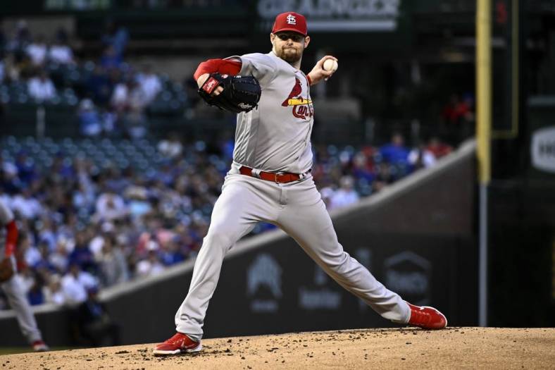 Aug 22, 2022; Chicago, Illinois, USA; St. Louis Cardinals starting pitcher Jordan Montgomery (48) delivers against the Chicago Cubs during the first inning at Wrigley Field. Mandatory Credit: Matt Marton-USA TODAY Sports
