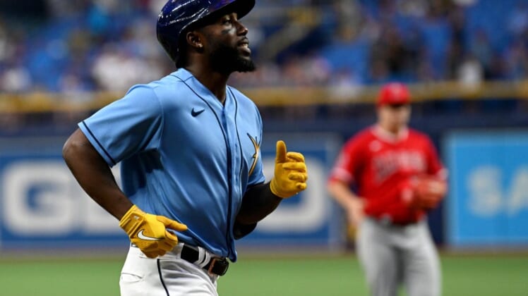 Aug 22, 2022; St. Petersburg, Florida, USA; Tampa Bay Rays right fielder Randy Arozarena (56) celebrates a solo home run in the fifth inning against the Los Angeles Angels  at Tropicana Field. Mandatory Credit: Jonathan Dyer-USA TODAY Sports