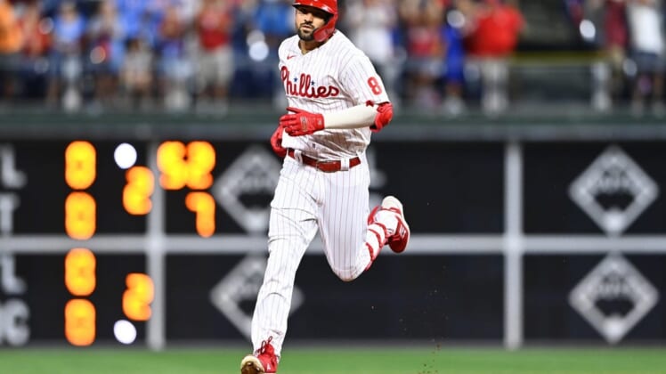 Aug 22, 2022; Philadelphia, Pennsylvania, USA; Philadelphia Phillies right fielder Nick Castellanos (8) rounds the bases after hitting a home run against the Cincinnati Reds in the second inning at Citizens Bank Park. Mandatory Credit: Kyle Ross-USA TODAY Sports
