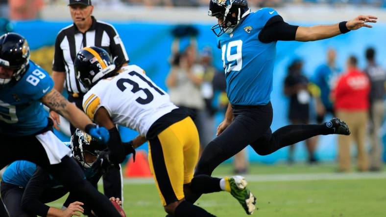 Jacksonville Jaguars place kicker Ryan Santoso #19 misses his first field goal of the game during the first quarter of an NFL preseason game Saturday, Aug. 20, 2022 at TIAA Bank Field in Jacksonville. [Corey Perrine/Florida Times-Union]

Jki 082022 Jags Vs Steelers Cp 90