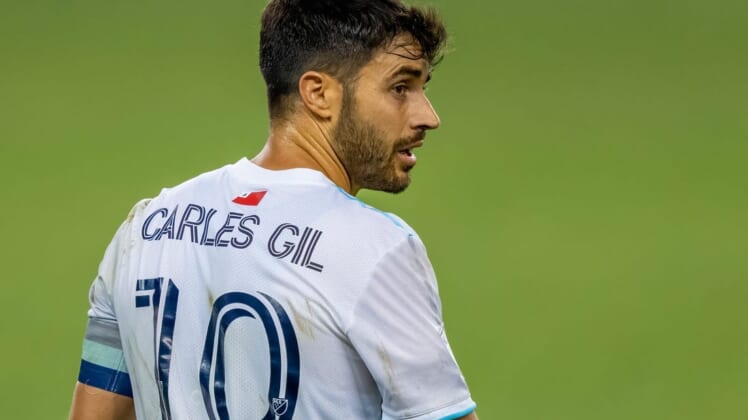 Aug 17, 2022; Toronto, Ontario, CAN; New England Revolution midfielder Carles Gil (10) looks on against the Toronto FC during the second half at BMO Field. Mandatory Credit: Kevin Sousa-USA TODAY Sports