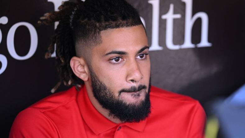 Aug 23, 2022; San Diego, California, USA; San Diego Padres shortstop Fernando Tatis Jr. (23) speak to the media before the game against the Cleveland Guardians at Petco Park. Mandatory Credit: Orlando Ramirez-USA TODAY Sports