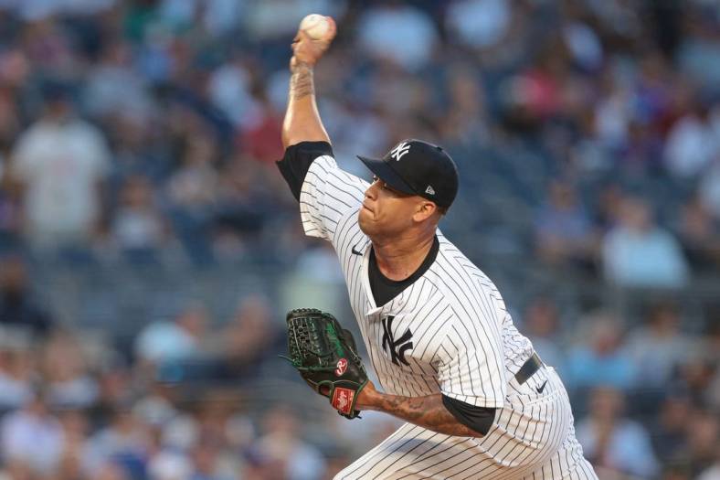 Aug 23, 2022; Bronx, New York, USA; New York Yankees starting pitcher Frankie Montas (47) delivers a pitch during the first inning against the New York Mets at Yankee Stadium. Mandatory Credit: Vincent Carchietta-USA TODAY Sports