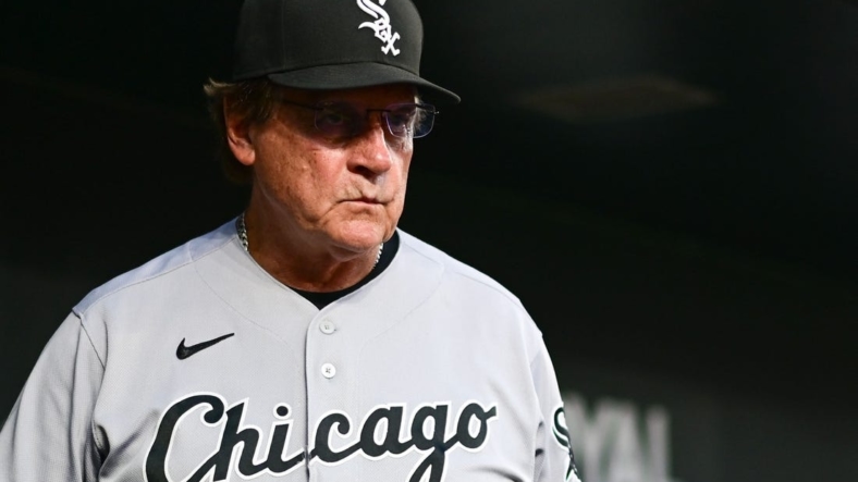 Aug 23, 2022; Baltimore, Maryland, USA;  Chicago White Sox manager Tony La Russa (22) looks onto the field from dugout during the second inning against the Baltimore Orioles at Oriole Park at Camden Yards. Mandatory Credit: Tommy Gilligan-USA TODAY Sports