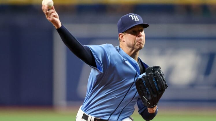 Aug 23, 2022; St. Petersburg, Florida, USA;  Tampa Bay Rays starting pitcher Corey Kluber (28) throws a pitch against the Los Angeles Angels in the third inning at Tropicana Field. Mandatory Credit: Nathan Ray Seebeck-USA TODAY Sports