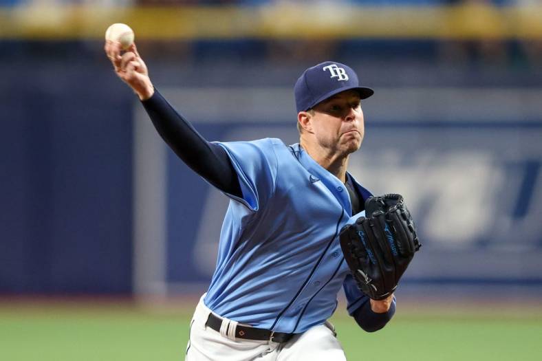 Aug 23, 2022; St. Petersburg, Florida, USA;  Tampa Bay Rays starting pitcher Corey Kluber (28) throws a pitch against the Los Angeles Angels in the third inning at Tropicana Field. Mandatory Credit: Nathan Ray Seebeck-USA TODAY Sports