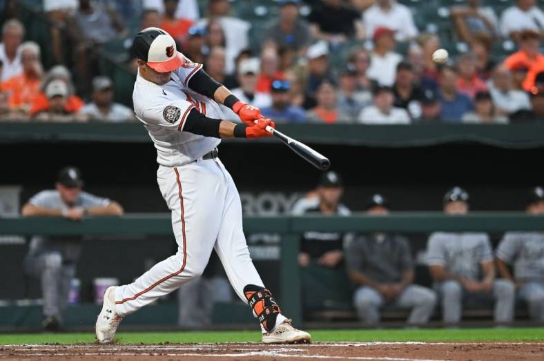 Aug 23, 2022; Baltimore, Maryland, USA; Baltimore Orioles first baseman Ryan Mountcastle (6) hits three run home run during the first inning against the Chicago White Sox at Oriole Park at Camden Yards. Mandatory Credit: Tommy Gilligan-USA TODAY Sports