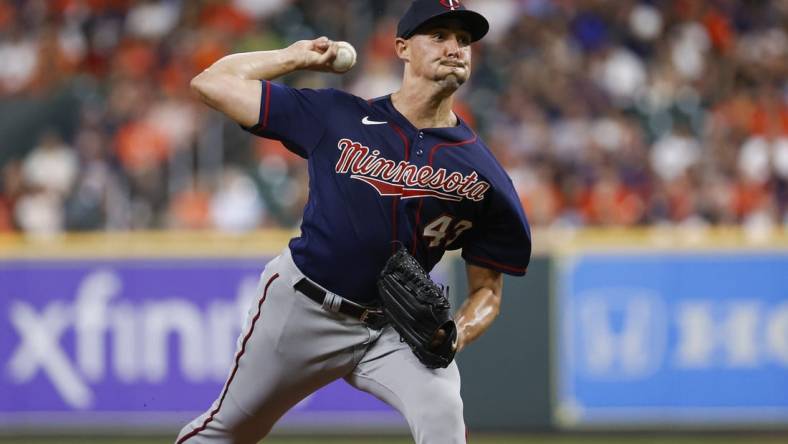 Aug 23, 2022; Houston, Texas, USA; Minnesota Twins starting pitcher Aaron Sanchez (43) delivers a pitch during the second inning against the Houston Astros at Minute Maid Park. Mandatory Credit: Troy Taormina-USA TODAY Sports