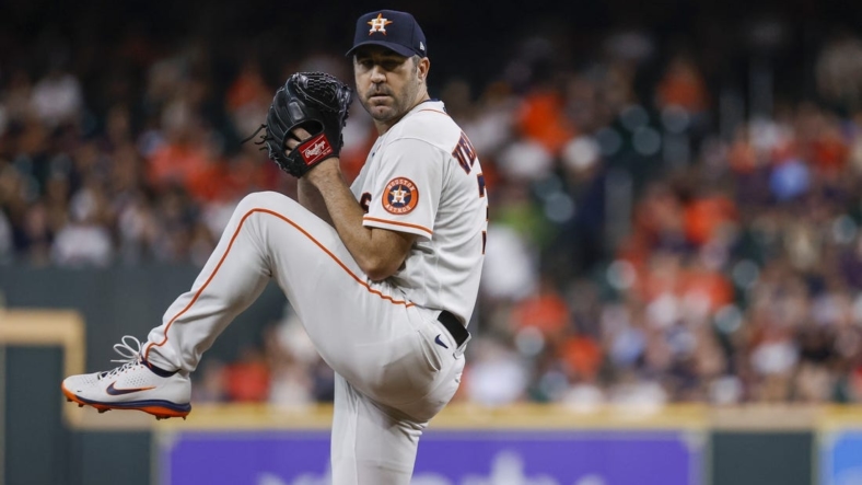 Aug 23, 2022; Houston, Texas, USA; Houston Astros starting pitcher Justin Verlander (35) delivers a pitch during the second inning against the Minnesota Twins at Minute Maid Park. Mandatory Credit: Troy Taormina-USA TODAY Sports