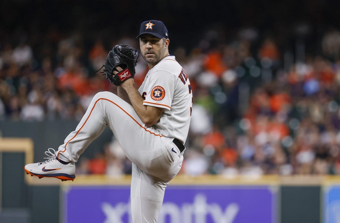 Aug 23, 2022; Houston, Texas, USA; Houston Astros starting pitcher Justin Verlander (35) delivers a pitch during the second inning against the Minnesota Twins at Minute Maid Park. Mandatory Credit: Troy Taormina-USA TODAY Sports