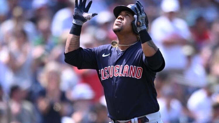 Aug 24, 2022; San Diego, California, USA; Cleveland Guardians third baseman Jose Ramirez (11) gestures after hitting a home run against the San Diego Padres during the fourth inning at Petco Park. Mandatory Credit: Orlando Ramirez-USA TODAY Sports