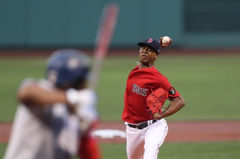 Aug 24, 2022; Boston, Massachusetts, USA; Boston Red Sox starting pitcher Brayan Bello (66) throws a pitch during the first inning against the Toronto Blue Jays at Fenway Park. Mandatory Credit: Paul Rutherford-USA TODAY Sports