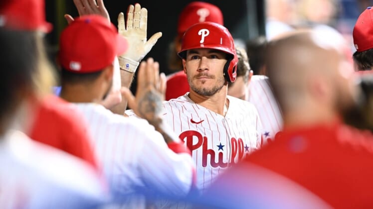 Aug 24, 2022; Philadelphia, Pennsylvania, USA; Philadelphia Phillies catcher JT Realmuto (10) celebrates after hitting a home run against the Cincinnati Reds in the third inning at Citizens Bank Park. Mandatory Credit: Kyle Ross-USA TODAY Sports