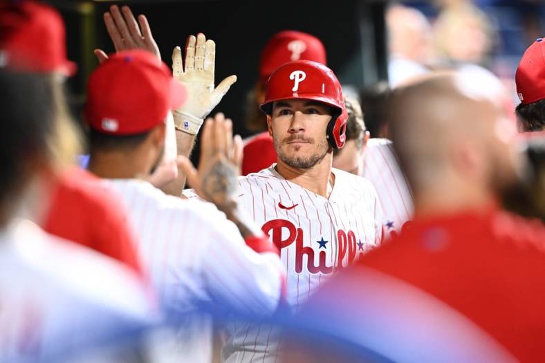 Aug 24, 2022; Philadelphia, Pennsylvania, USA; Philadelphia Phillies catcher JT Realmuto (10) celebrates after hitting a home run against the Cincinnati Reds in the third inning at Citizens Bank Park. Mandatory Credit: Kyle Ross-USA TODAY Sports