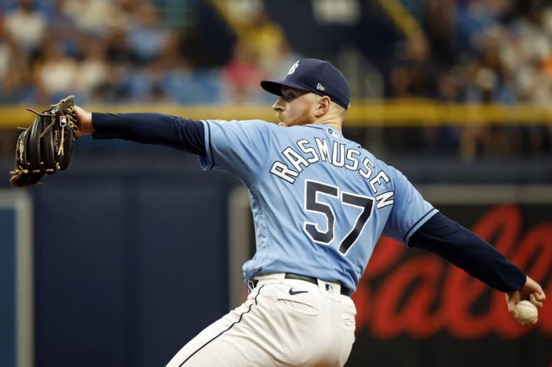 Aug 25, 2022; St. Petersburg, Florida, USA; Tampa Bay Rays starting pitcher Drew Rasmussen (57) throws a pitch against the Los Angeles Angels during the second inning at Tropicana Field. Mandatory Credit: Kim Klement-USA TODAY Sports