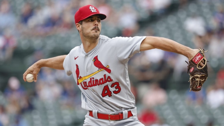 Aug 25, 2022; Chicago, Illinois, USA; St. Louis Cardinals starting pitcher Dakota Hudson (43) throws a pitch against the Chicago Cubs during the first inning at Wrigley Field. Mandatory Credit: Kamil Krzaczynski-USA TODAY Sports