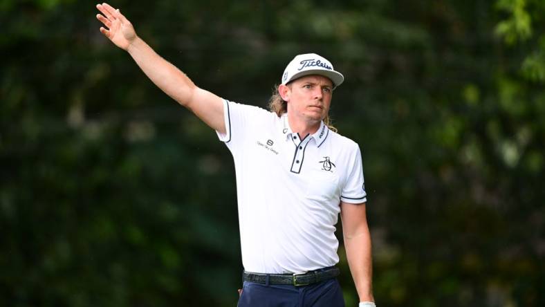 Aug 25, 2022; Atlanta, Georgia, USA; Cameron Smith reacts to his tee shot on the 2nd hole during the first round of the TOUR Championship golf tournament. Mandatory Credit: Adam Hagy-USA TODAY Sports