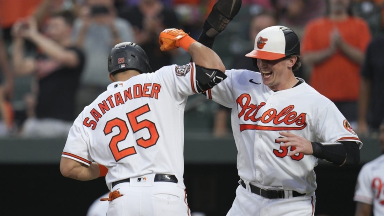 Aug 25, 2022; Baltimore, Maryland, USA;  Baltimore Orioles designated hitter Anthony Santander (25) celebrates a home run against the Chicago White Sox with catcher Adley Rutschman (35) during the first inning at Oriole Park at Camden Yards. Mandatory Credit: Jessica Rapfogel-USA TODAY Sports