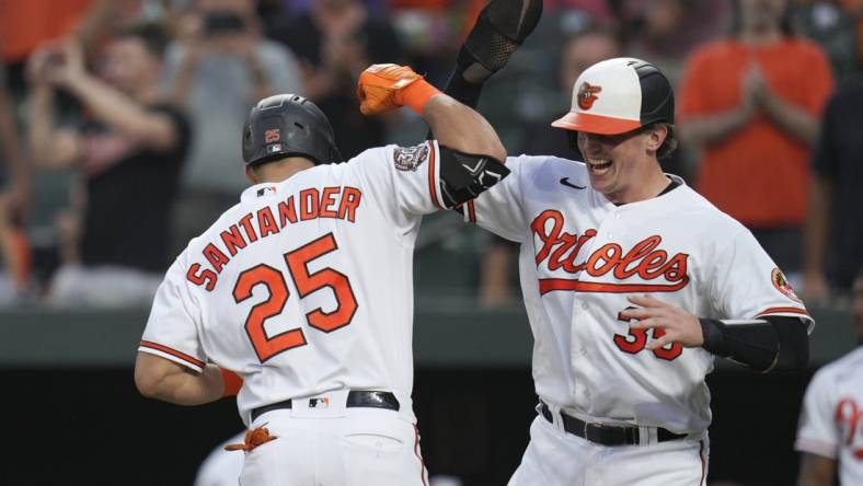 Aug 25, 2022; Baltimore, Maryland, USA;  Baltimore Orioles designated hitter Anthony Santander (25) celebrates a home run against the Chicago White Sox with catcher Adley Rutschman (35) during the first inning at Oriole Park at Camden Yards. Mandatory Credit: Jessica Rapfogel-USA TODAY Sports